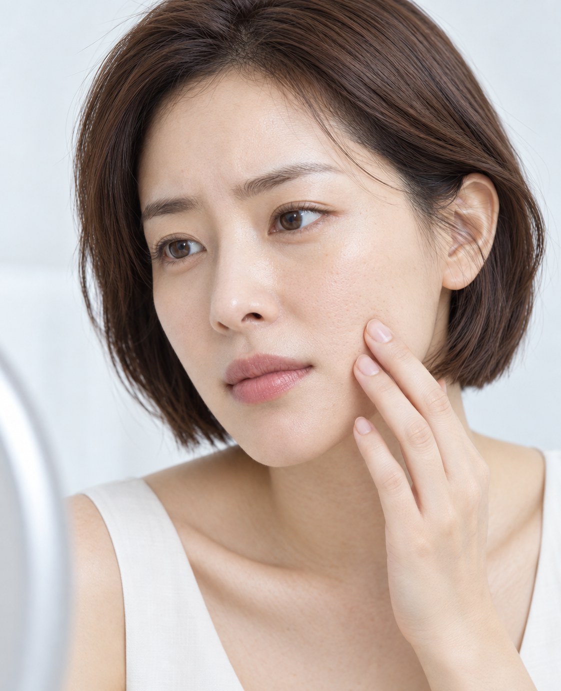 손끝으로 볼을 짚고 거울 앞에 선 여성의 얼굴 클로즈업