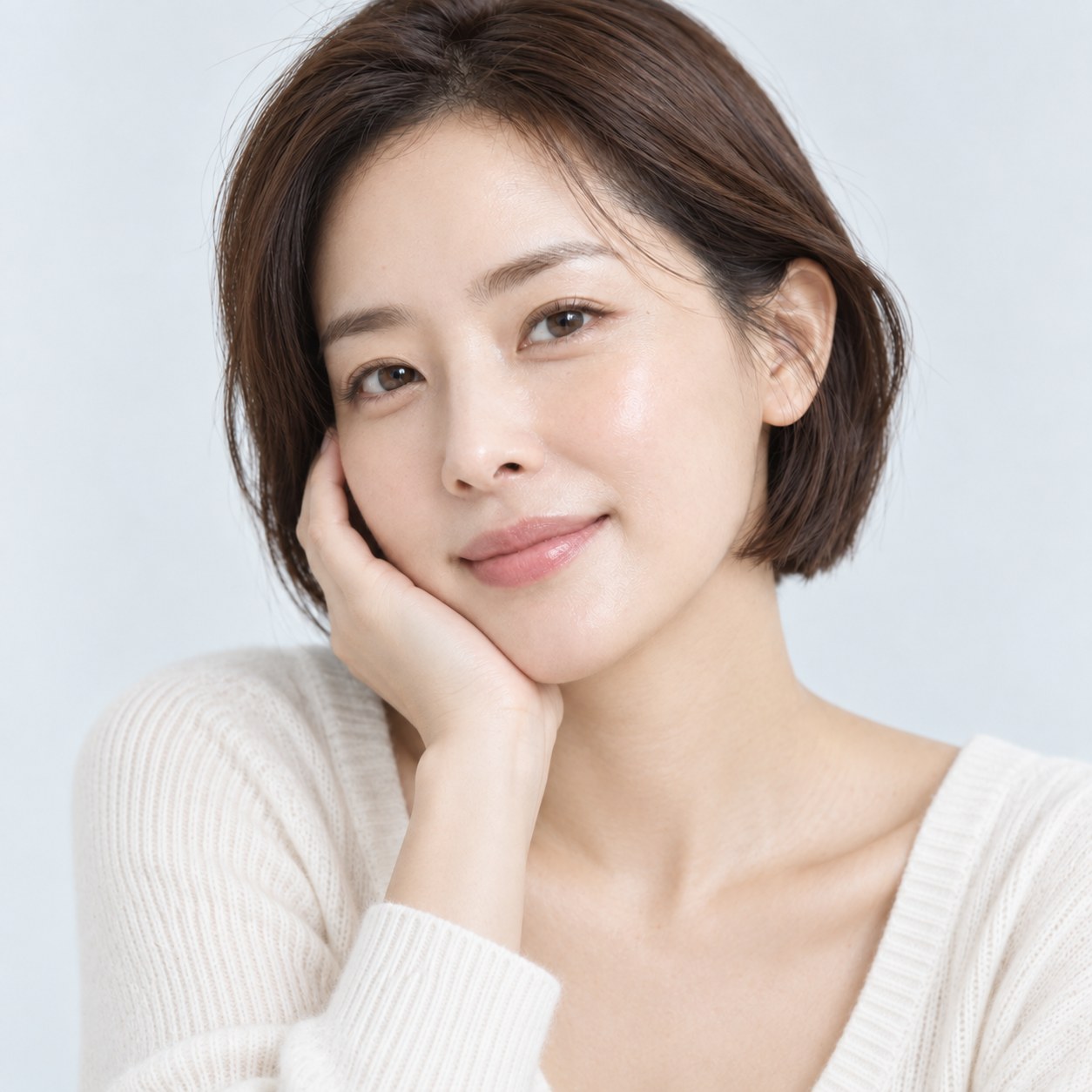 턱을 손에 받치고 정면을 바라보는 여성의 상반신