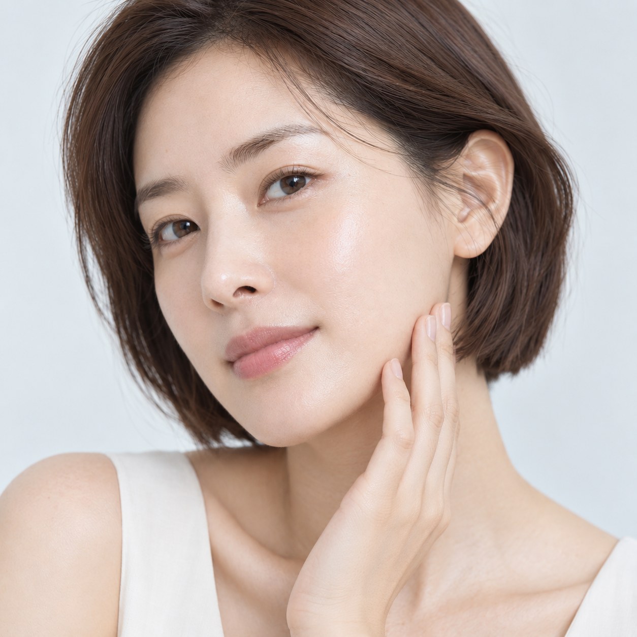턱을 손에 받치고 정면을 바라보는 여성의 얼굴과 목선