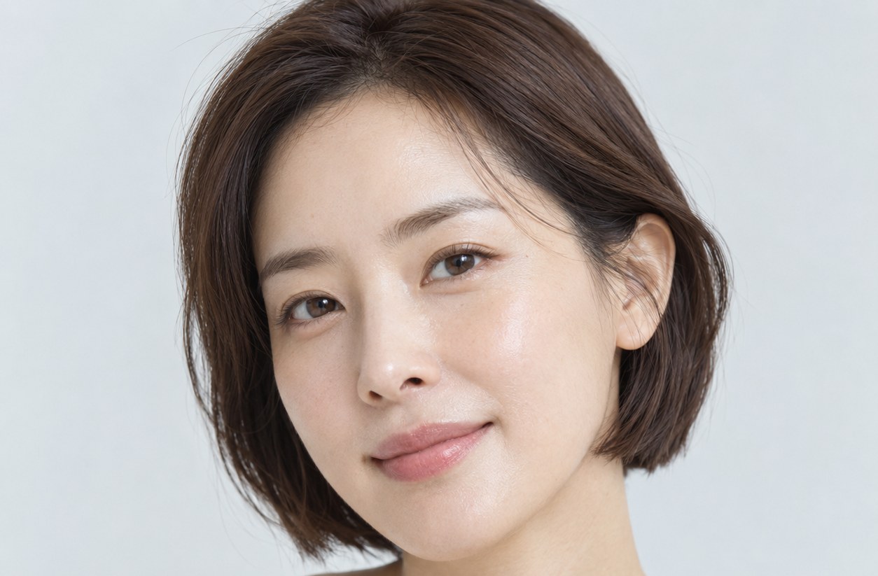 단발머리 여성의 정면 상반신 포트레이트