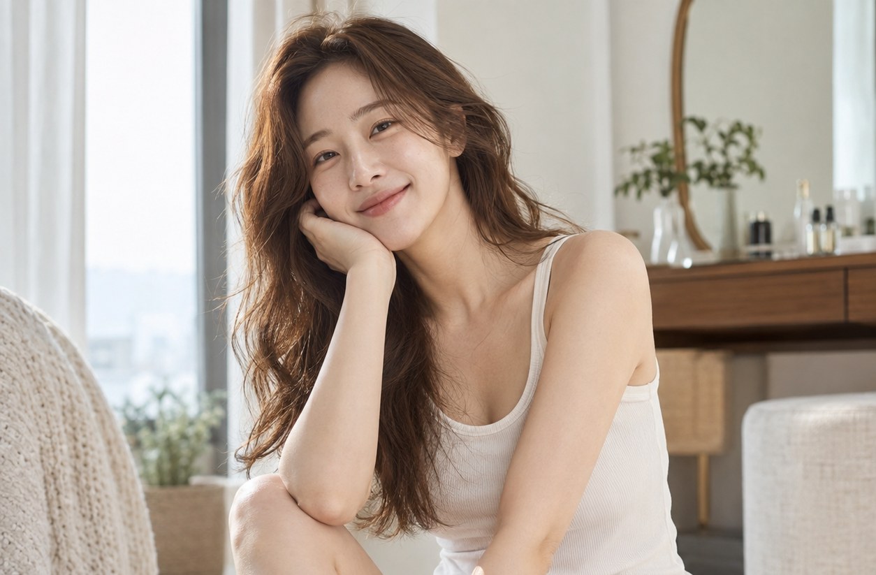 밝은 실내에서 턱에 손을 대고 앉아 있는 여성의 전신