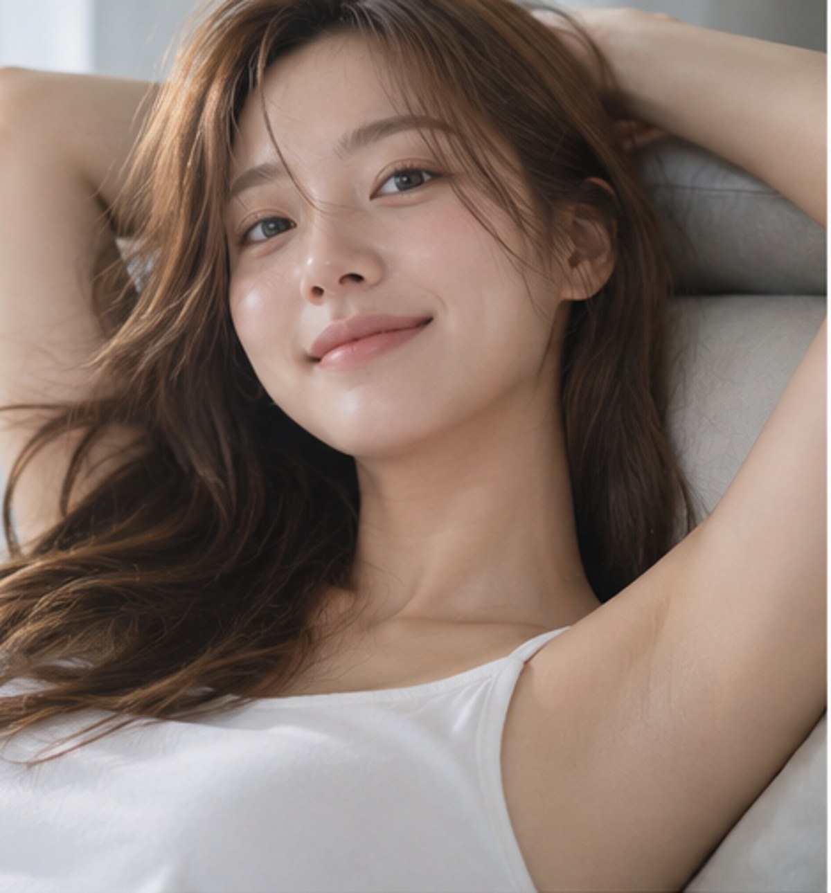 침대에 누워 팔을 올린 여성의 얼굴과 어깨