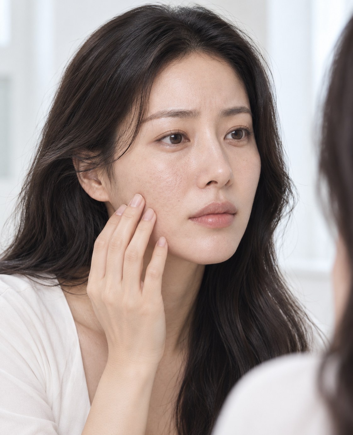 거울 앞에서 손끝으로 볼을 짚은 여성의 얼굴 클로즈업