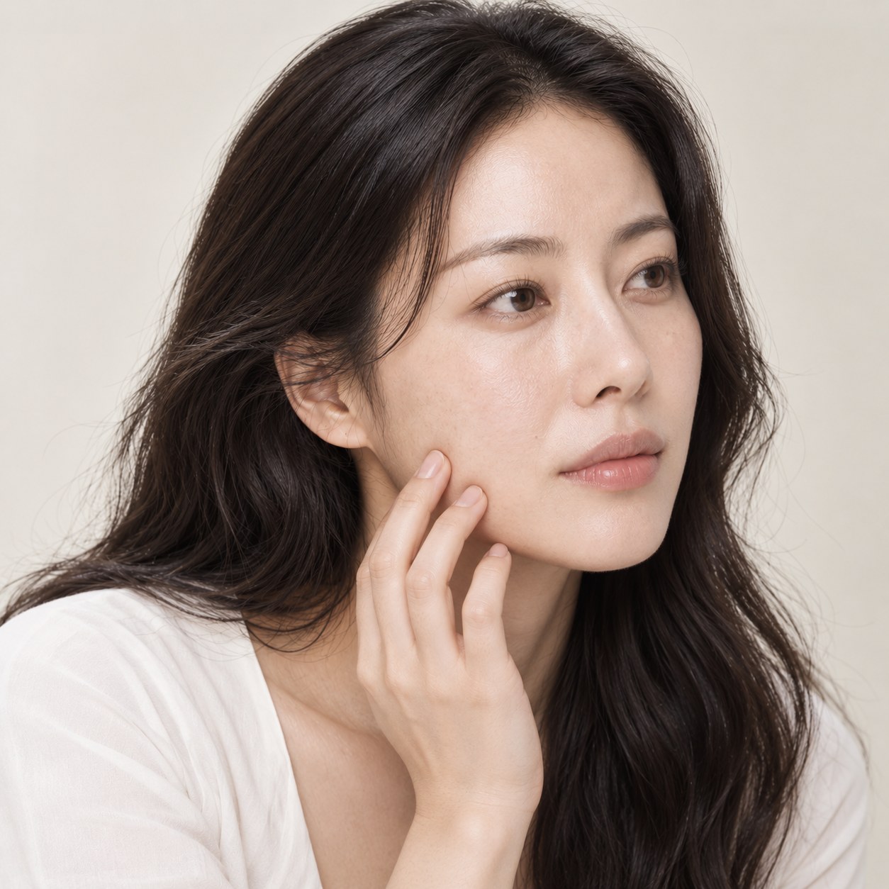 옆으로 고개를 돌려 볼에 손을 댄 여성의 얼굴