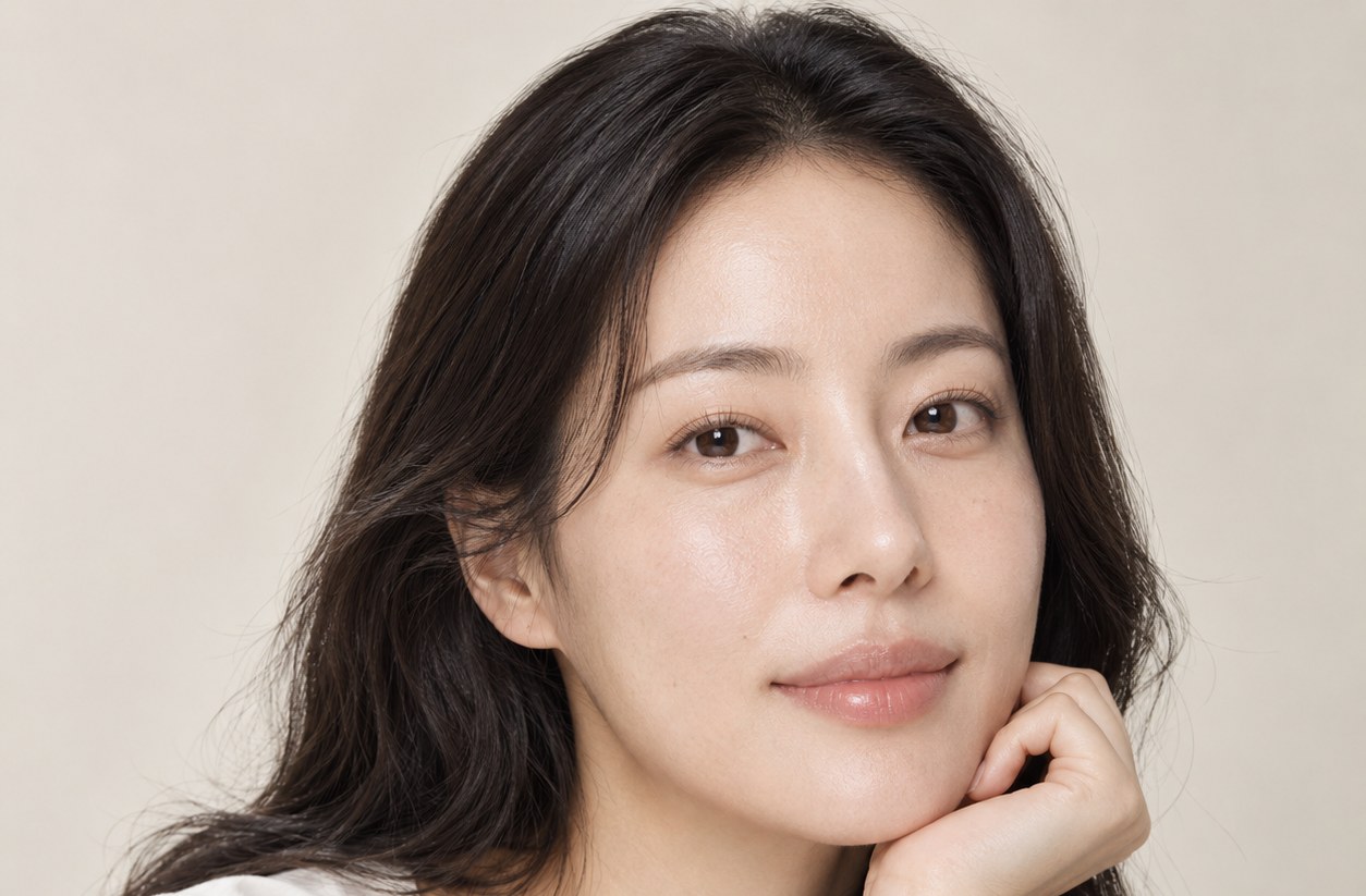 긴 머리 여성이 턱에 손을 대고 정면을 바라보는 상반신 포트레이트