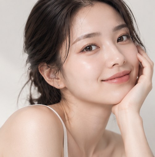 턱을 손에 받치고 미소 짓는 여성의 얼굴 클로즈업