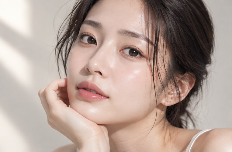 턱을 손에 받치고 정면을 바라보는 여성의 얼굴 클로즈업