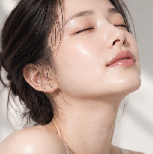 눈을 감고 고개를 든 여성의 얼굴과 목선 클로즈업