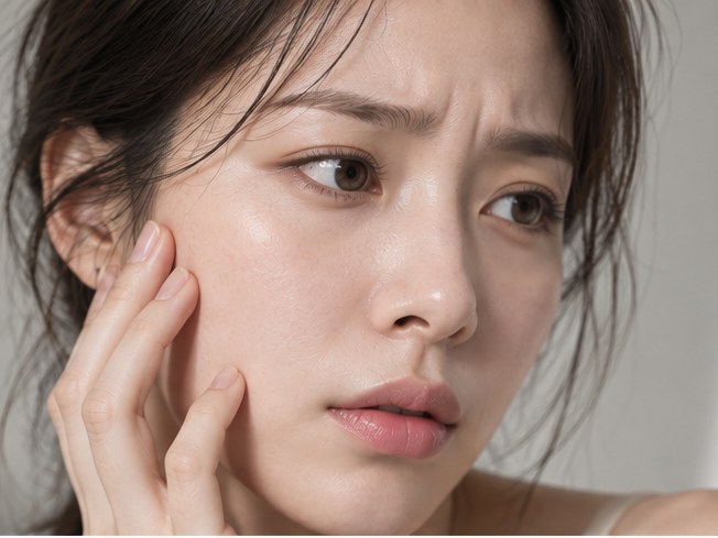 손끝으로 볼을 짚고 거울 쪽을 바라보는 여성의 얼굴 클로즈업