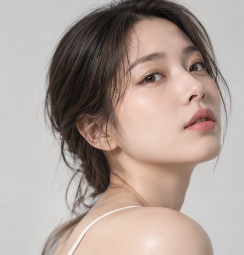 어깨 너머로 돌아본 여성의 얼굴과 목선