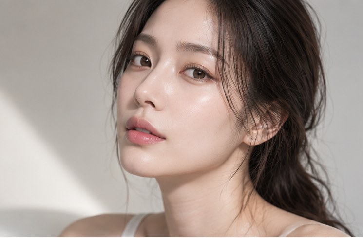 창가 빛을 받으며 고개를 살짝 든 여성의 얼굴 클로즈업