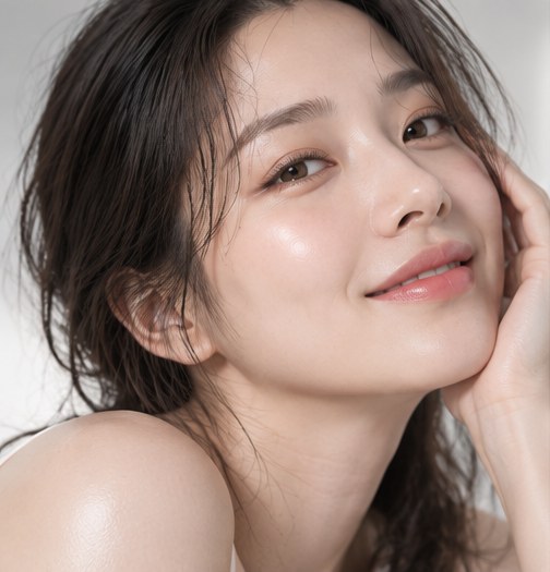턱을 손에 받치고 미소 짓는 여성의 얼굴과 목선 클로즈업