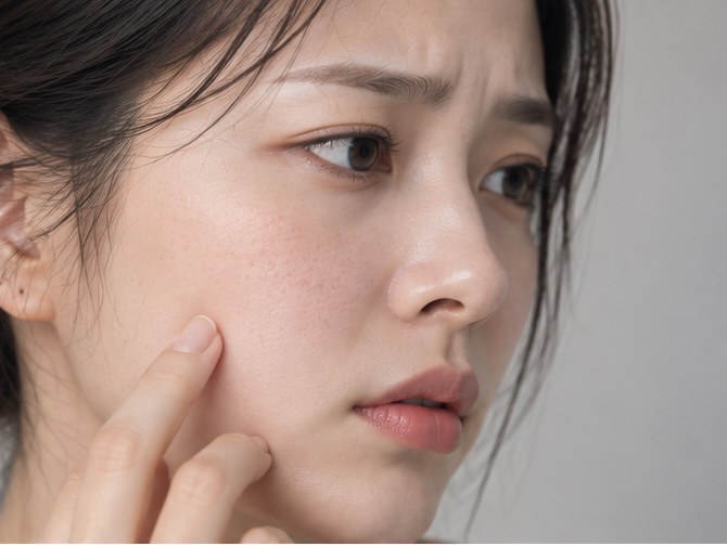손끝으로 볼을 짚고 시선을 옆으로 둔 여성의 얼굴 클로즈업