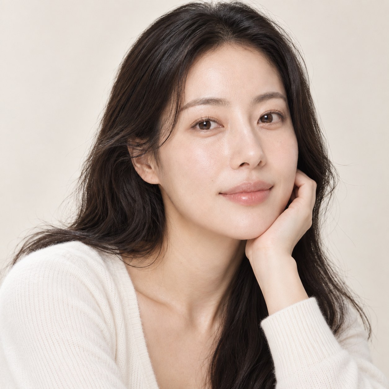 턱을 손에 받치고 정면을 바라보는 여성의 얼굴 클로즈업